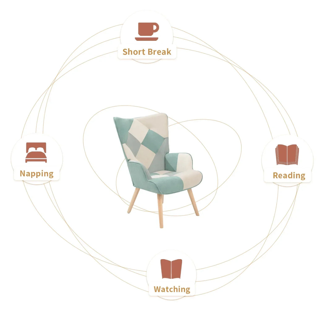 2026 NewModern Accent Chair with Solid Wood Legs and High Wing Backrest, Side Chair Set with Ottoman, Comfy Side Armchair for Living Room, Reading Room, Bedroom, Colorful Patchwork