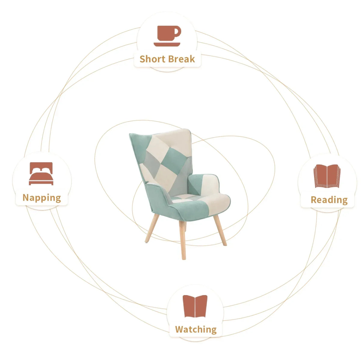 2026 NewModern Accent Chair with Solid Wood Legs and High Wing Backrest, Side Chair Set with Ottoman, Comfy Side Armchair for Living Room, Reading Room, Bedroom, Colorful Patchwork