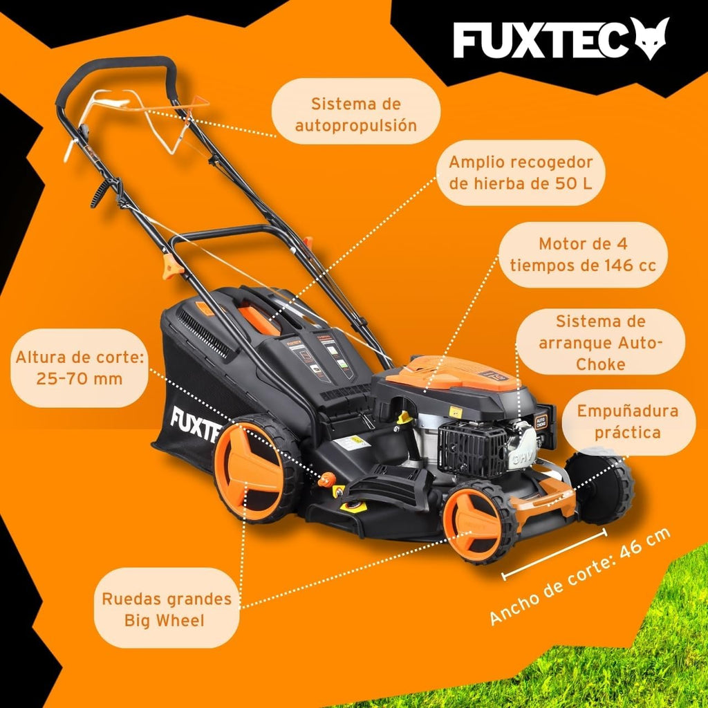 2026 Cortacésped de tracción de Gasolina autopropulsado FUXTEC FX-RM4646 46cm de Ancho de Corte, Potente Motor de Gasolina con transmisión GT 146cc Easy Clean 4en1 2,6KW Mulching/Bolsa de césped 50L