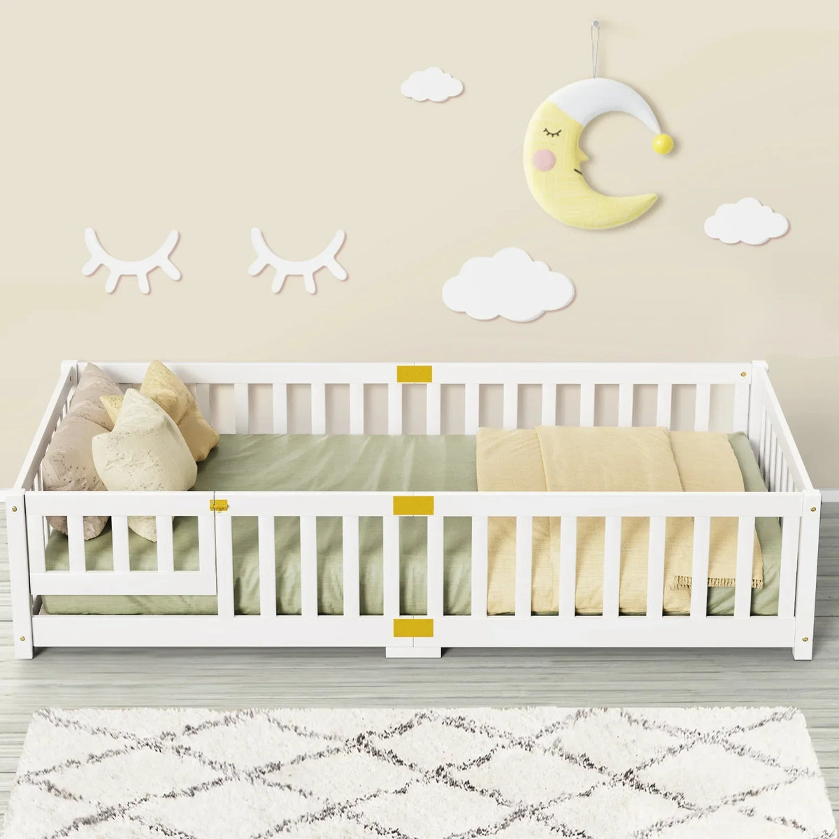 2026 NewSlsy Twin Size Toddler Floor Bed, Solid Wood Montessori Bed Frame with Fence & Door Montessori Floor Bed Crib with Safety Guardrails for Girls and Boys