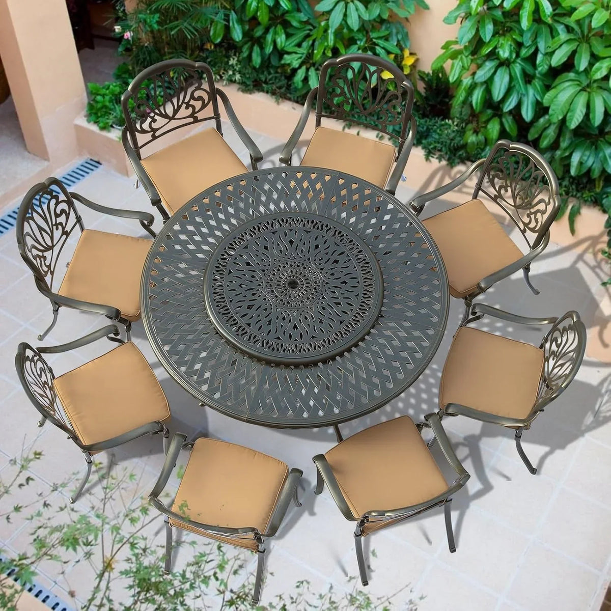 2026 NewVIVIJASON Outdoor 61" Patio Dining Table for 6-8 Person, Large Patio Round Dining Table with 24" Lazy Susan, Dark Bronze Cast Aluminum Rustic Patio Table W/Umbrella Hole for Balcony, Porch and Deck