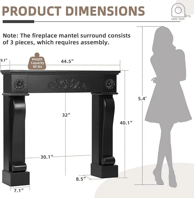 2026 NewEPICOZY 44.5" Fireplace Mantel, Freestanding Fireplace Surround with Leg for Electric Fireplaces, MDF Mantel Surround with Shelf for Living Room with Decorative Pattern, Anti-Tipping & Waterproof