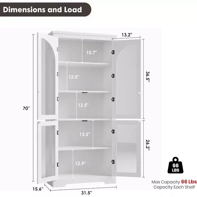 2026 Armario despensa de 70" natural/blanco con 4 puertas de cristal arqueadas y estantes ajustables