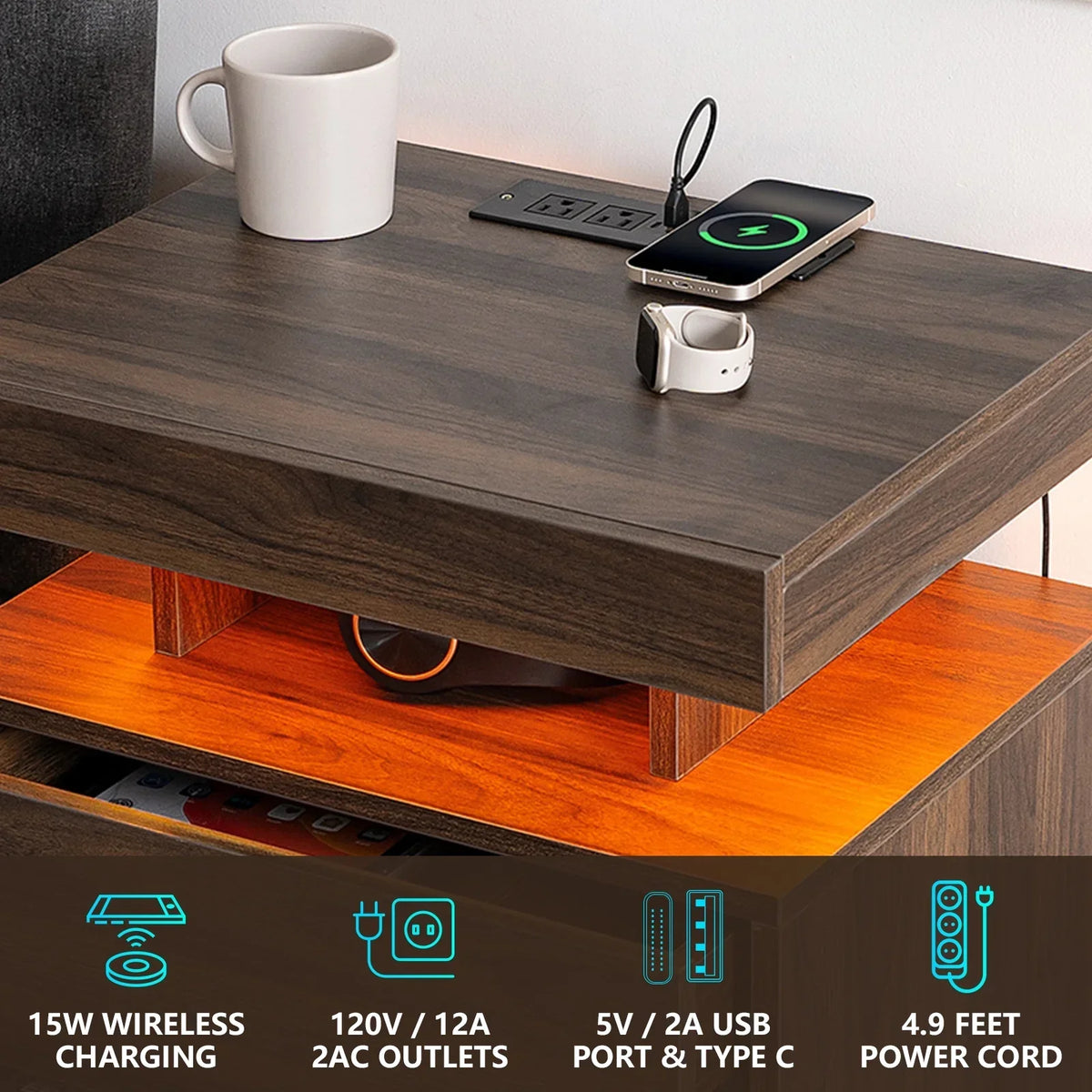 2026 NewHommpa LED Nightstand Wireless Charging Station USB Type C Outlets Bedside Table 3 Drawers Black Night Table Modern Smart Nightstand High Gloss End Side Table for Bedroom Furniture 26.8" Tall