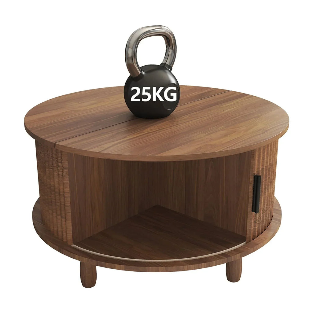 2026 NewRUMLIVE Round Coffee Table with Storage, 30.7" Modern Coffee Table with 360" Curved Sliding Door, Fluted Wood Coffee Table with Footpads, Round Center Table for Living Room, Black