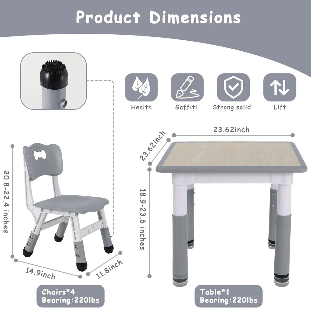 2026 NewArlopu 5 Pcs Kids Table and Chairs Set, Height Adjustable, Toddlers Activity Table & 4 Chairs Set for Study, Grey