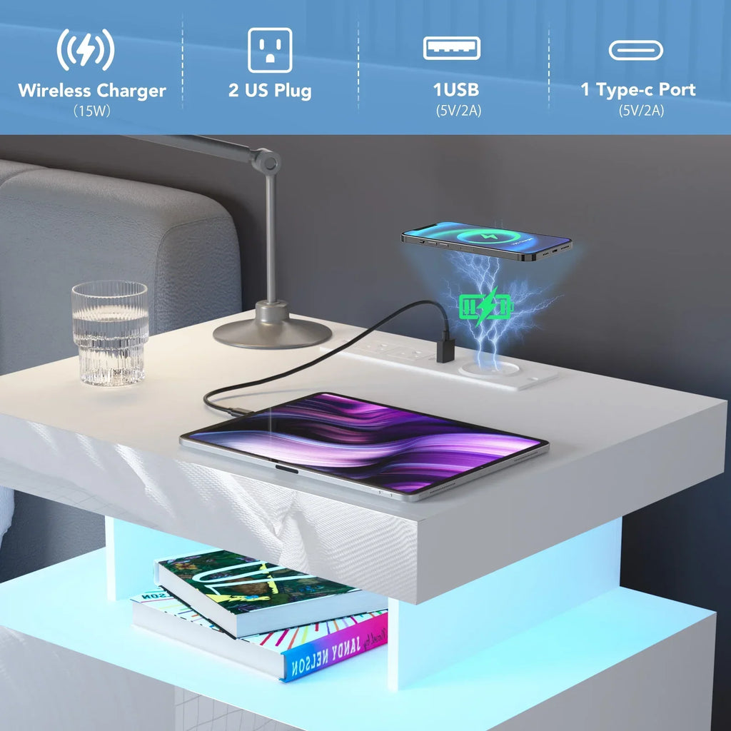 2026 NewHommpa LED Nightstand Wireless Charging Station USB Type C Outlets Bedside Table 3 Drawers Black Night Table Modern Smart Nightstand High Gloss End Side Table for Bedroom Furniture 26.8" Tall