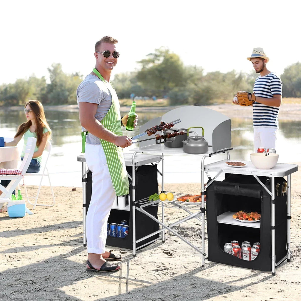 2026 NewGoplus Folding Portable Aluminum Camping Grill Table w/ Storage Organizer Windscreen Black