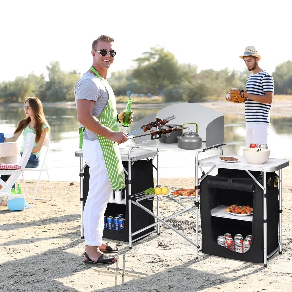 2026 NewGoplus Folding Portable Aluminum Camping Grill Table w/ Storage Organizer Windscreen Black
