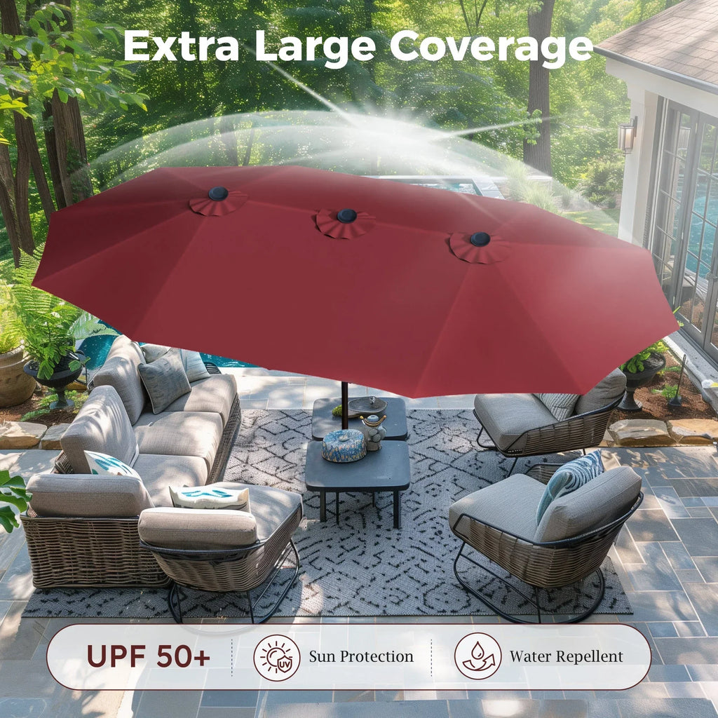 2026 NewAlpha Joy 15ft Outdoor Patio Umbrella Extra-Large Double-Sided Garden Umbrella with Crank Handle and Base - Smoky Gray