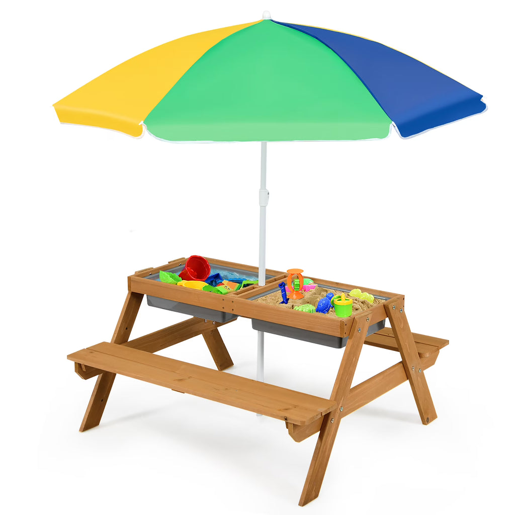 2026 NewCostway 3-in-1 Kids Picnic Table Wooden Outdoor Sand & Water Table with Umbrella Play Boxes Green