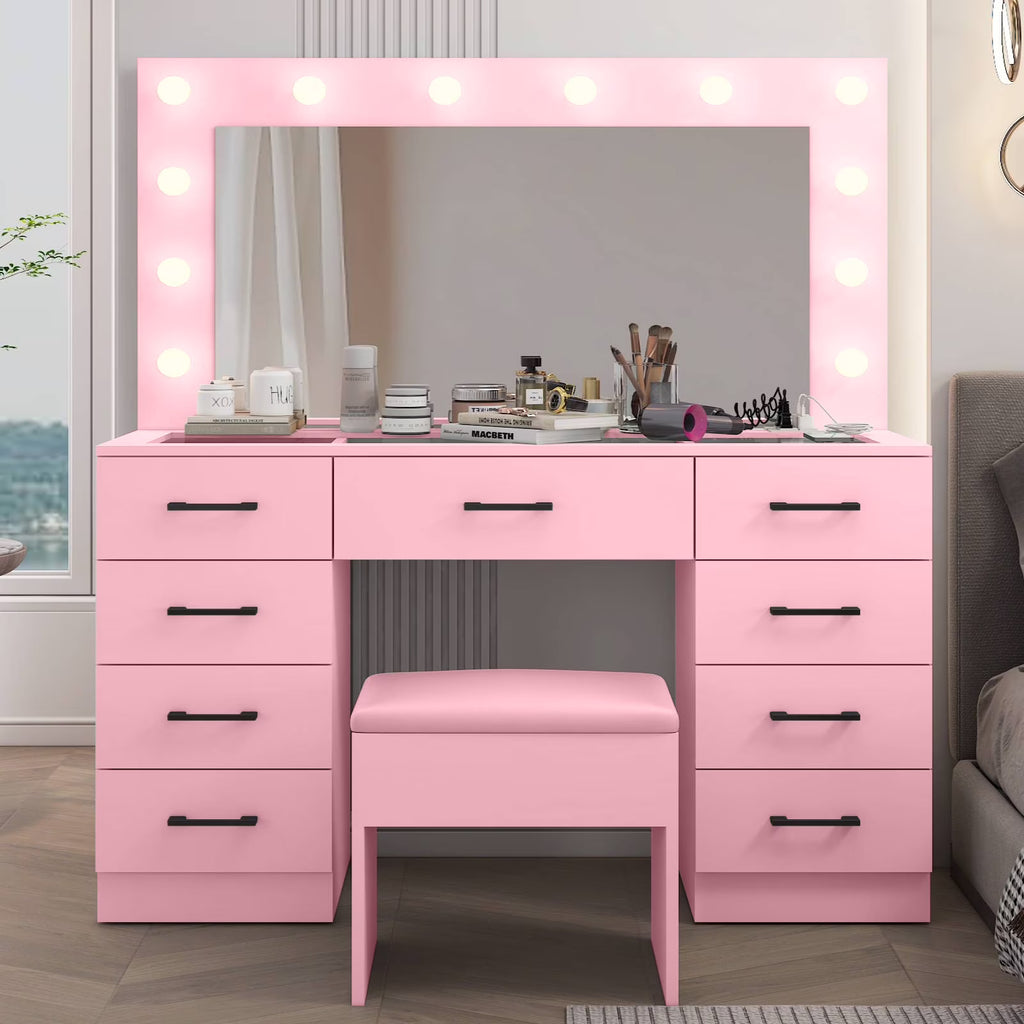 2026 NewKtaxon Large Makeup Vanity, Vanity Table Set w/ Visible Glass Top w/ Charging Station, White