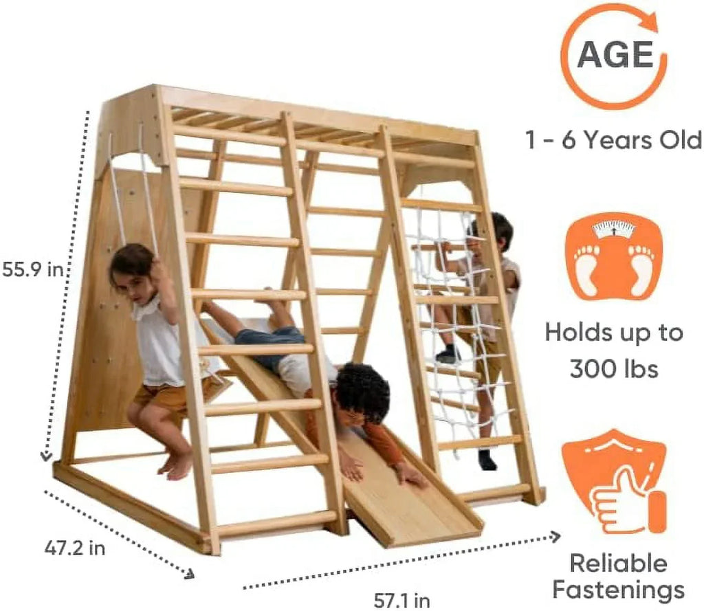 2026 NewAvenlur Indoor Toddler and Child Indoor Gym Playground Climber - Real Wooden Playset 6-in-1 Slide, Rock Climb Wall, Rope Wall Climbing, Monkey Bars, Swing, Ladder Fun Gym for Children