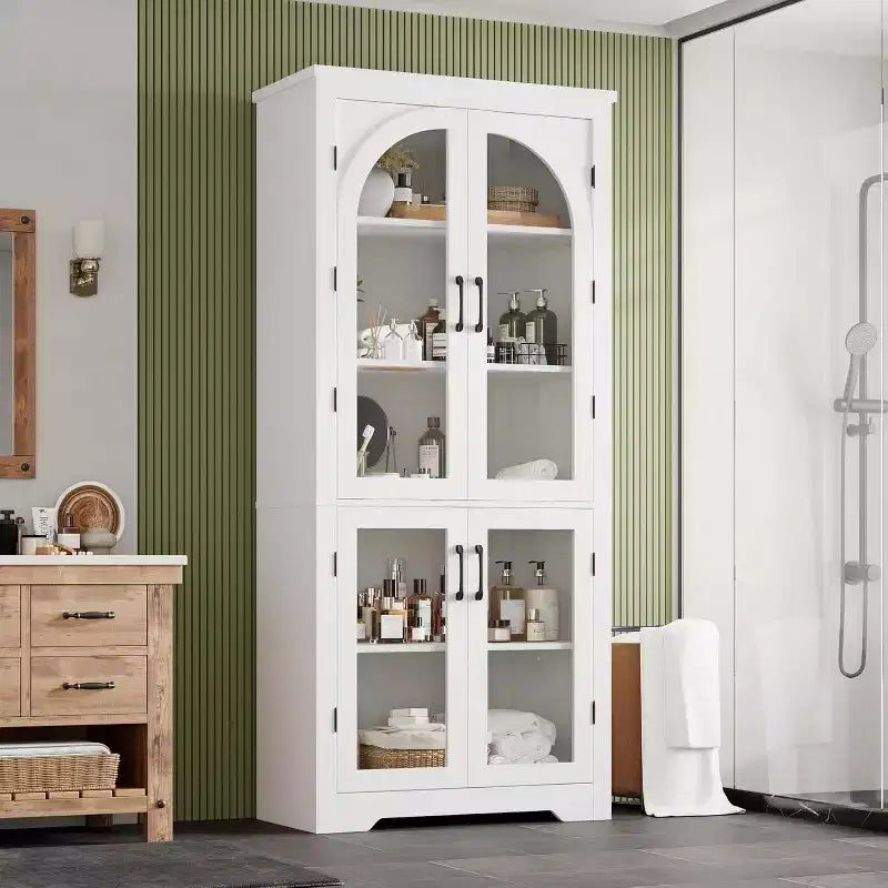 2026 Armario despensa de 70" natural/blanco con 4 puertas de cristal arqueadas y estantes ajustables