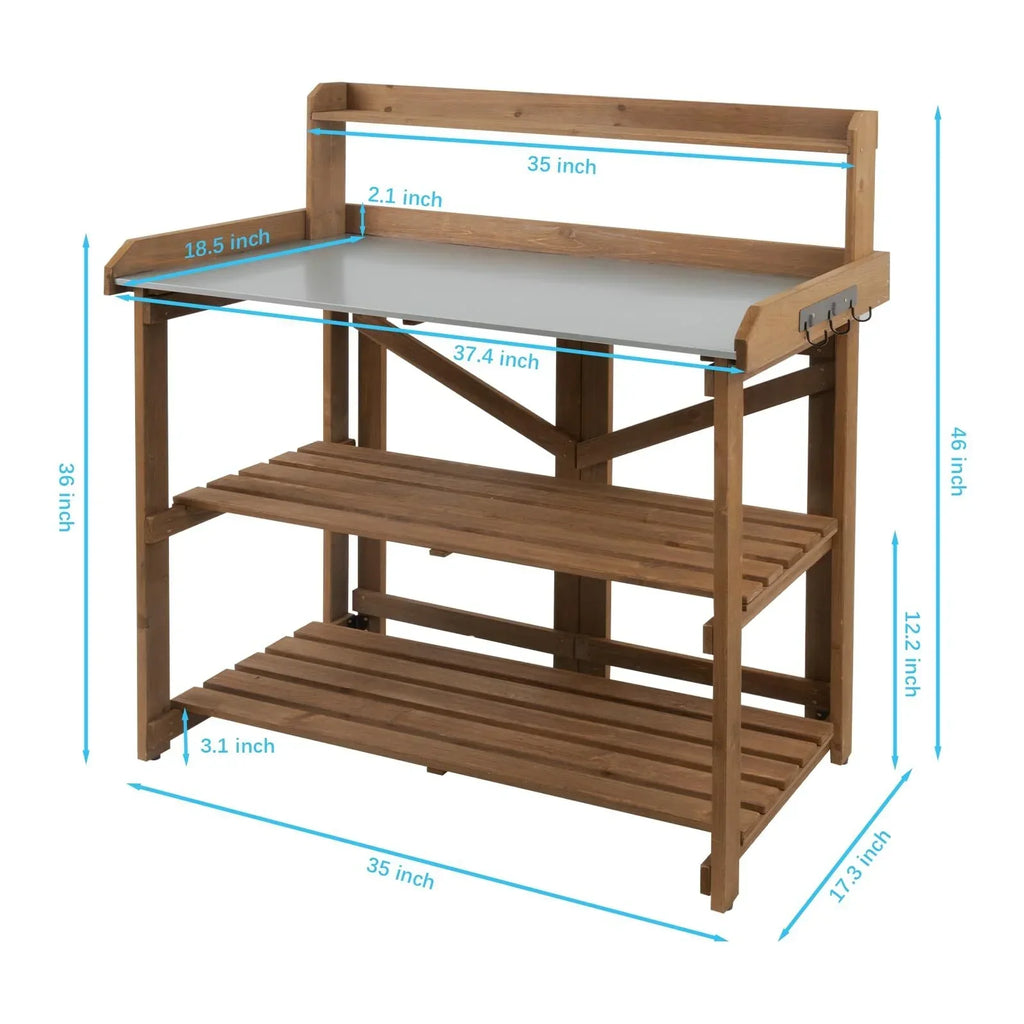 2026 NewPETSCOSSET Outdoor Wooden Folding Potting Bench Table, Fir Wood Garden Workstation with Galvanized Tabletop, 2 Tier Storage Shelves, Brown