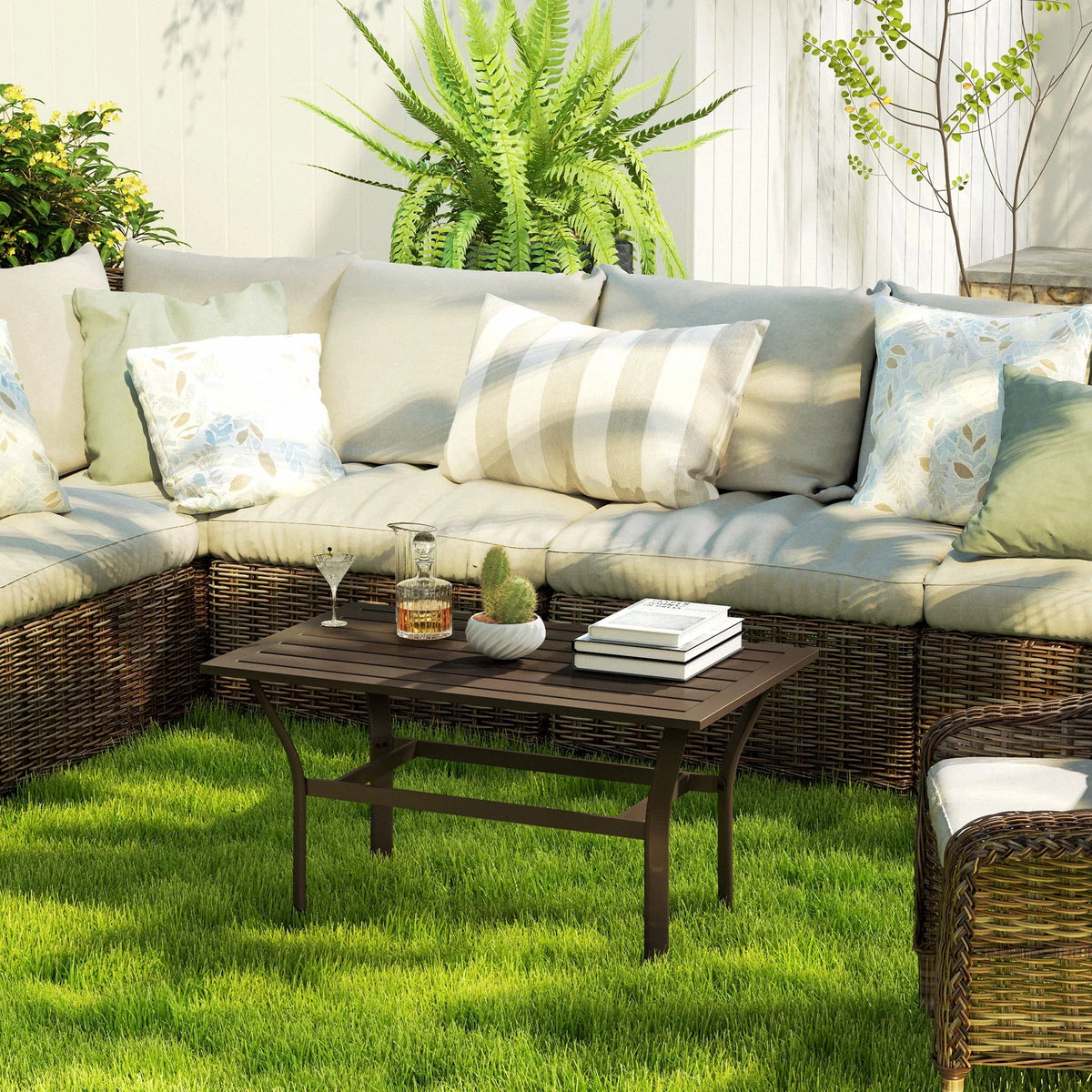 2026 NewOutsunny Outdoor Coffee Table, All-Weather Rectangle Patio Coffee Table with Slatted Tabletop for Outside, Patio, Brown