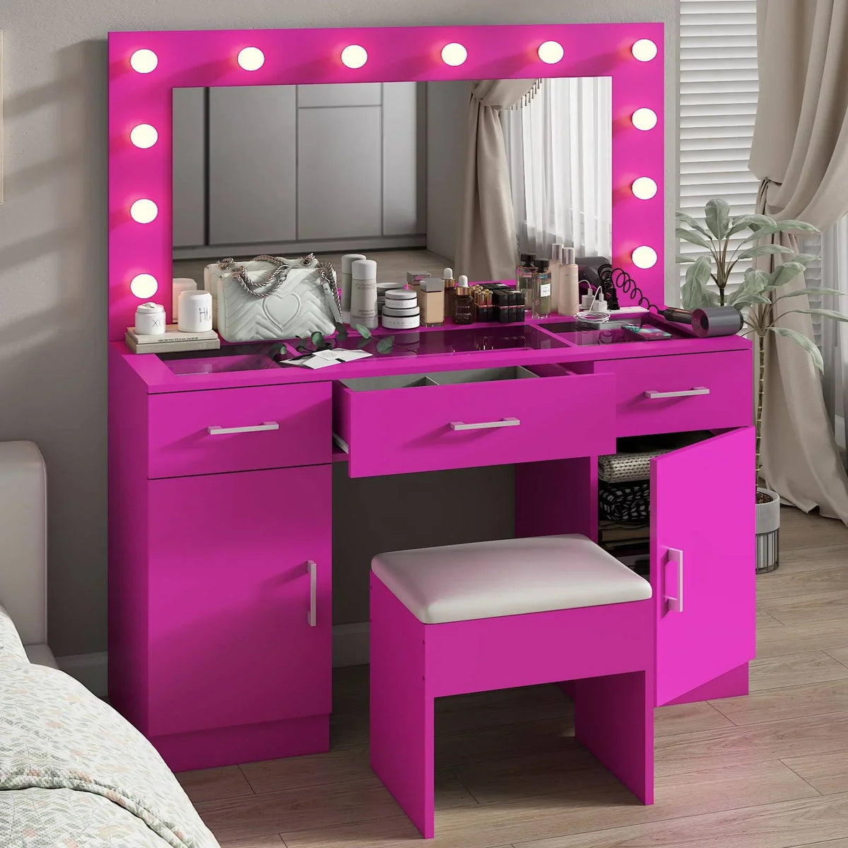 2026 NewKtaxon Large Makeup Vanity, Vanity Table Set w/ Visible Glass Top w/ Charging Station, White