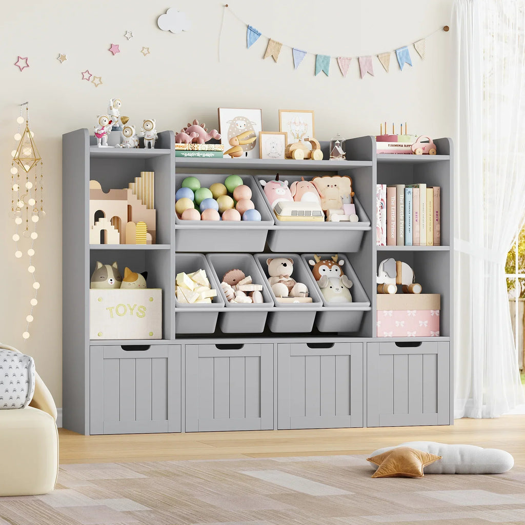 2026 NewHiphuta 3 Tier Kids Bookcase with Toy Storage Organizer, Wood Toy Organizer of 6 Boxes & 4 Removable Drawers, White