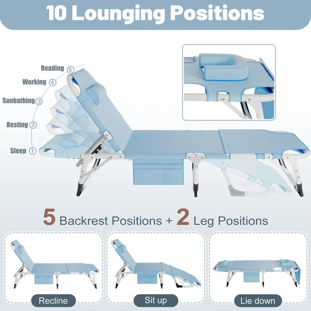2026 NewMOPHOTO Lounge Chair with Mattress, Outdoor Chaise Lounge Support 440 Lbs, Adjustable Portable Heavy Duty Sleeping Cots Bed for Camping, Pool, Beach, Patio