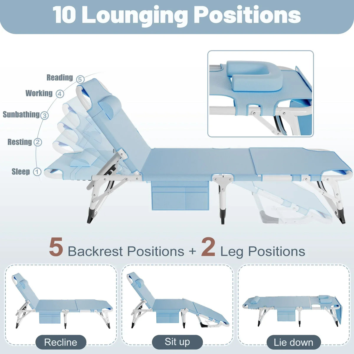 2026 NewMOPHOTO Lounge Chair with Mattress, Outdoor Chaise Lounge Support 440 Lbs, Adjustable Portable Heavy Duty Sleeping Cots Bed for Camping, Pool, Beach, Patio