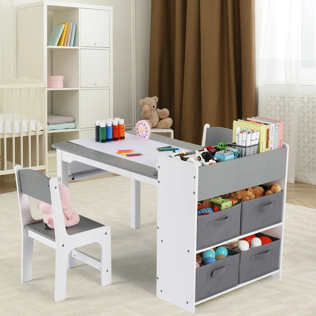 2026 NewPirecart Kids Art Table and 2 Chairs Toddler Craft Set Wooden Play Activity Drawing Table with 4 Storage Bins and Paper Roll