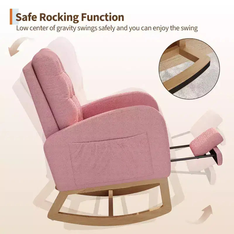 2026 Sillón mecedora deslizante tapizado con bolsillo lateral, estructura de madera, 1 plaza