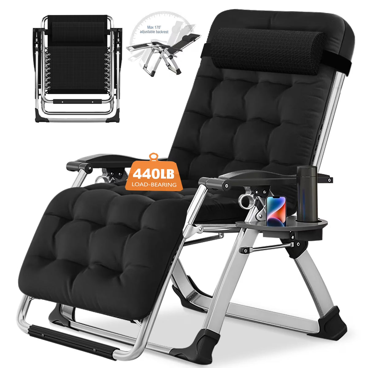 2026 NewNAIZEA 2 Pack Zero Gravity Chair, Foldable Portable Lawn Recliner with Cushion, Headrest, Cup Holder, Black