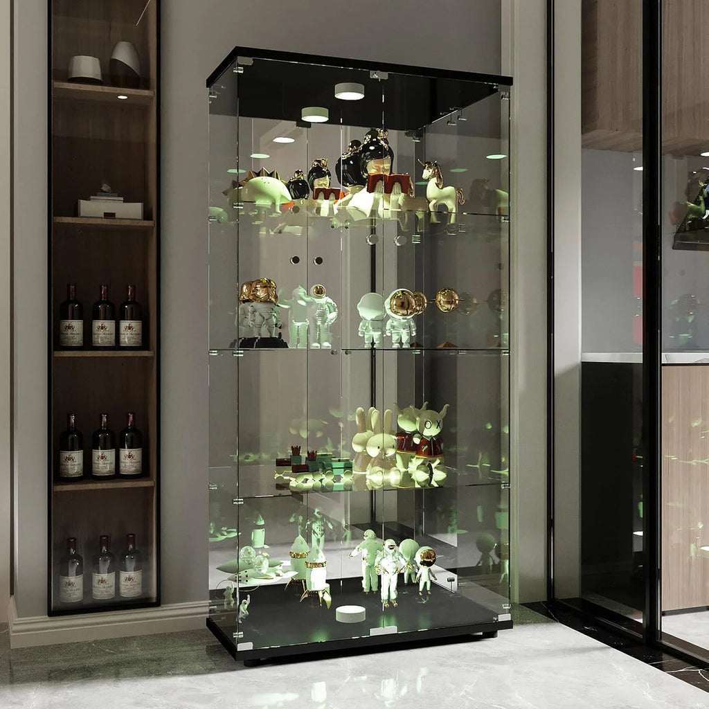 2026 Vitrina Cristal Expositora con Luz, Puerta Cerradura, 4 estantes - Grande Vitrina de Colecciones,Vitrina de pie para Sala Oficina(Espalda Espejo)