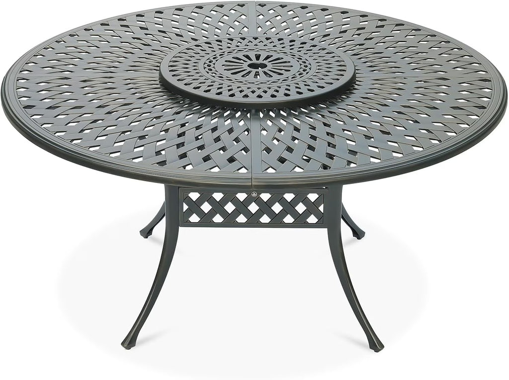 2026 NewVIVIJASON Outdoor 61" Patio Dining Table for 6-8 Person, Large Patio Round Dining Table with 24" Lazy Susan, Dark Bronze Cast Aluminum Rustic Patio Table W/Umbrella Hole for Balcony, Porch and Deck