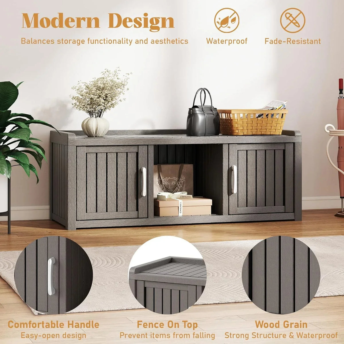 2026 NewKAMABOKO Outdoor Shoe Storage Cabinet, Waterproof UV-Resistant Entryway Storage Bench Indoor Outdoor with 2 Barn Doors, Adjustable Shelves for Entryway, Bedroom, Hallway,Living Room(Black)