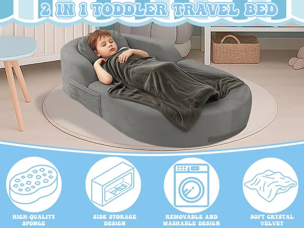 2026 NewCoumy Toddler Travel Bed 2-in-1 Kids Sofa Chair with Removable Cover, Soft Foam Portable Foldable Toddler Bed for Travel with Carrying Bag, Blue