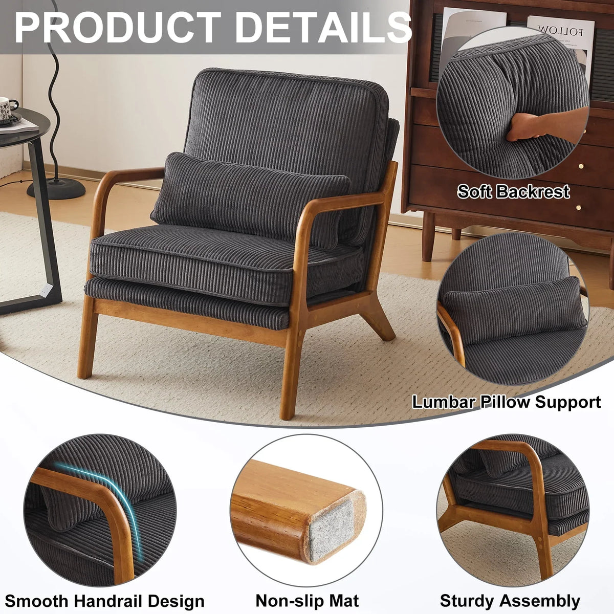 2026 NewKtaxon Accent Chair Corduroy Upholstered Armchair, Reading Club Chair with Pillow and Solid Wood Frame for Living Room Bedroom Furniture Off White