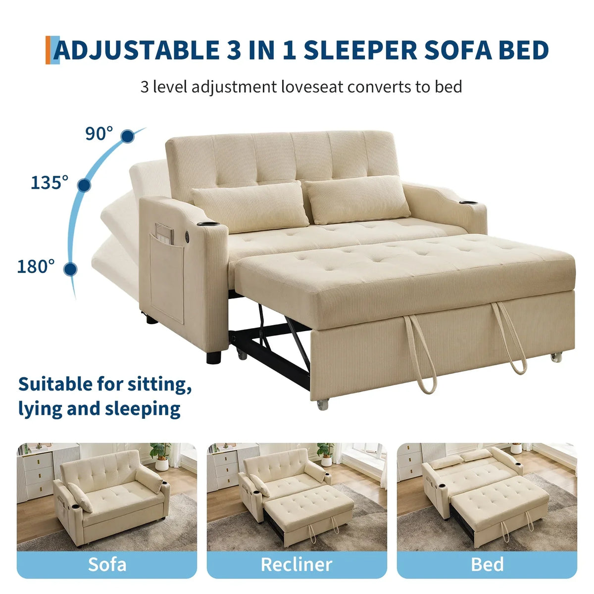 2026 New3 in 1 Convertible Sleeper Sofa Bed, Corduroy Futon Couches with Pull-Out Bed, Adjustable Backrest, Charging Port & Side Pockets, Modern Upholstered Sofa for Living Room, Guest Room