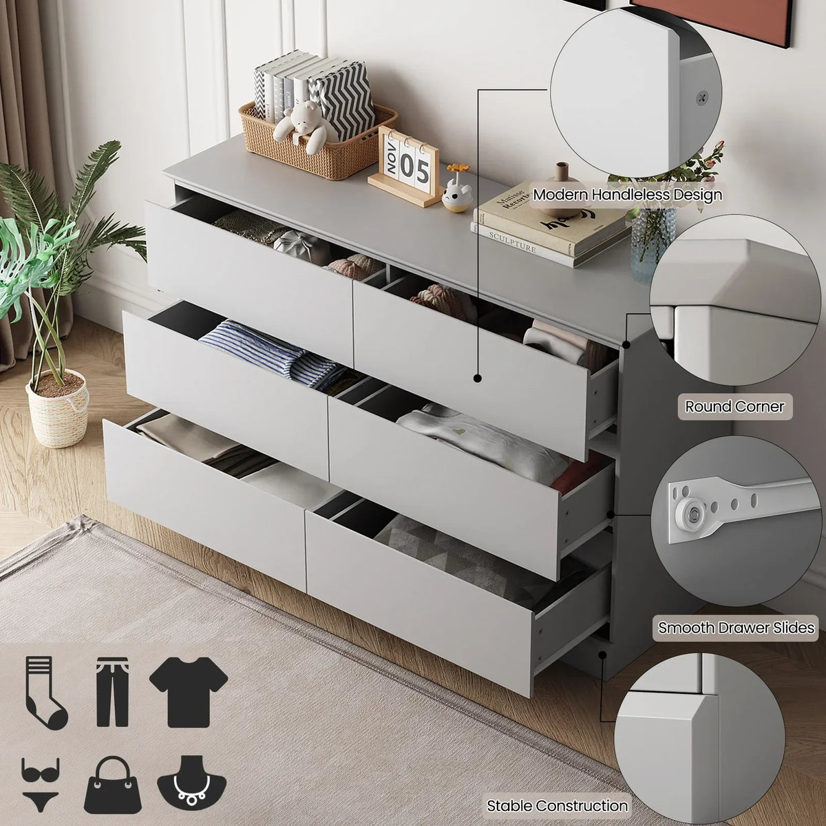 2026 NewWhite Dressers Bedroom Dresser 6 Drawer Storage Chest of Drawers Double Dresser Storage Side Cabinet Room Furniture for Bedroom Living Room