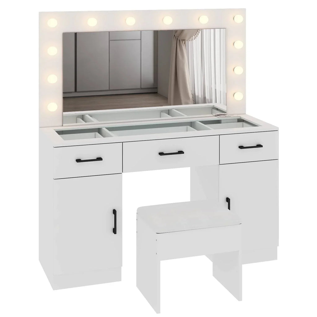 2026 NewKtaxon Large Makeup Vanity, Vanity Table Set w/ Visible Glass Top w/ Charging Station, White