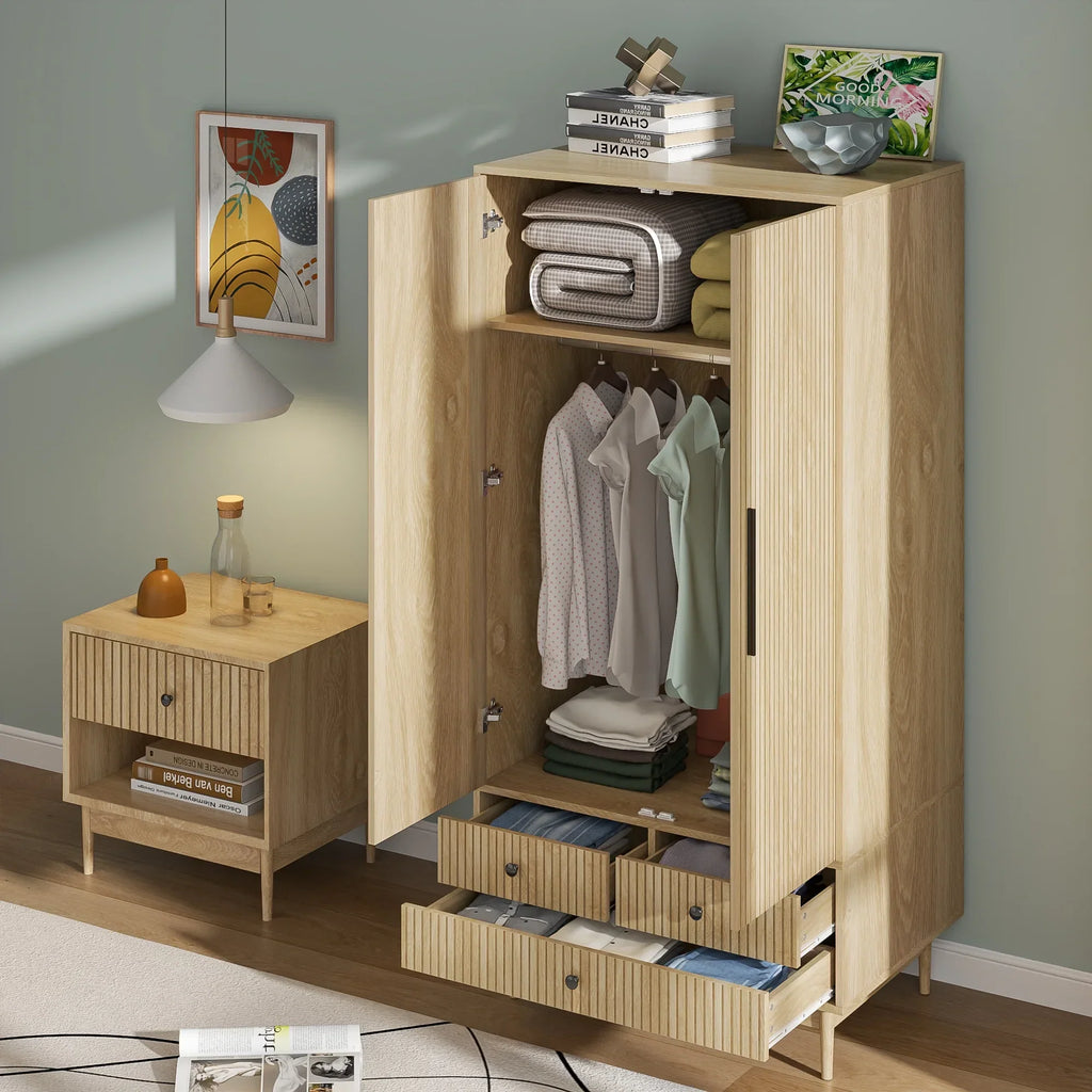 2026 NewArmoire Wardrobe Closet with 2 Doors, Wardrobe Cabinet with Hanging Rod and Drawers, Wooden Closet for Bedroom, White