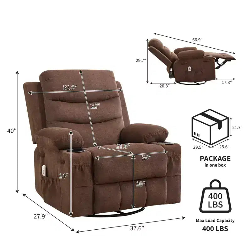 2026 Sillón reclinable mecedora giratorio 360° extragrande con masaje y calor, portavasos y bolsillos