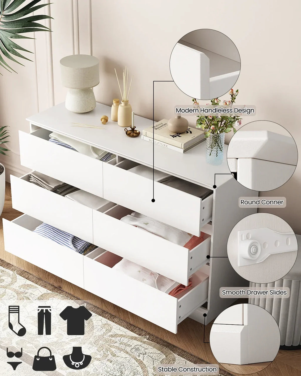2026 NewWhite Dressers Bedroom Dresser 6 Drawer Storage Chest of Drawers Double Dresser Storage Side Cabinet Room Furniture for Bedroom Living Room