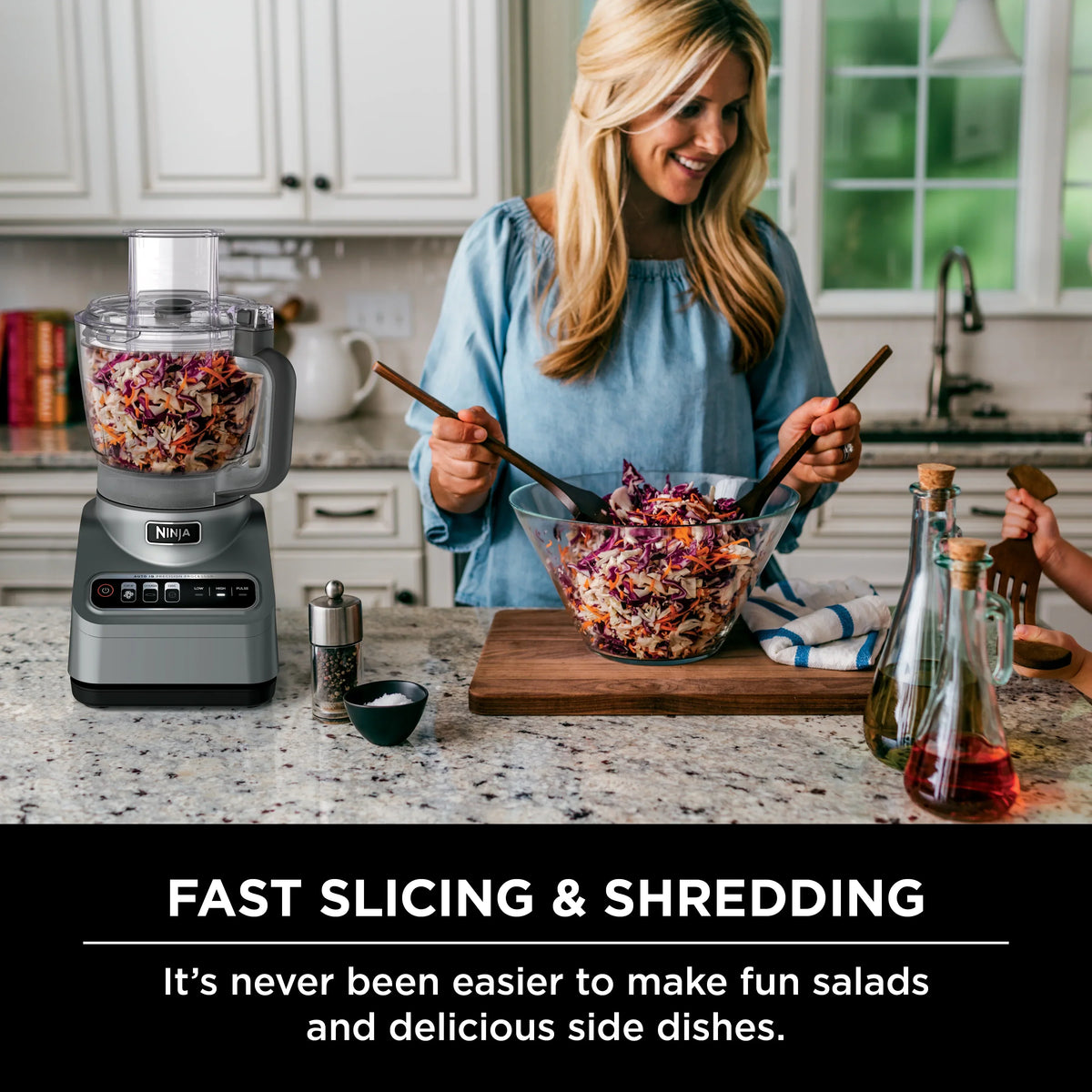 2026 NewNinja Professional 9 Cup Food Processor, 850 Watts, Auto-iQ 3 Presets, Chop, Dough, Slice, Shred, BN600 Silver