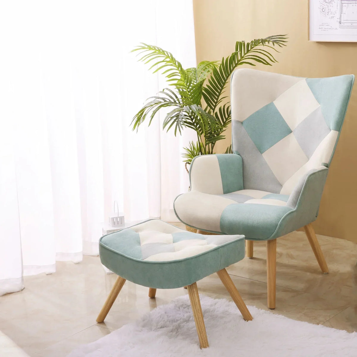 2026 NewModern Accent Chair with Solid Wood Legs and High Wing Backrest, Side Chair Set with Ottoman, Comfy Side Armchair for Living Room, Reading Room, Bedroom, Colorful Patchwork