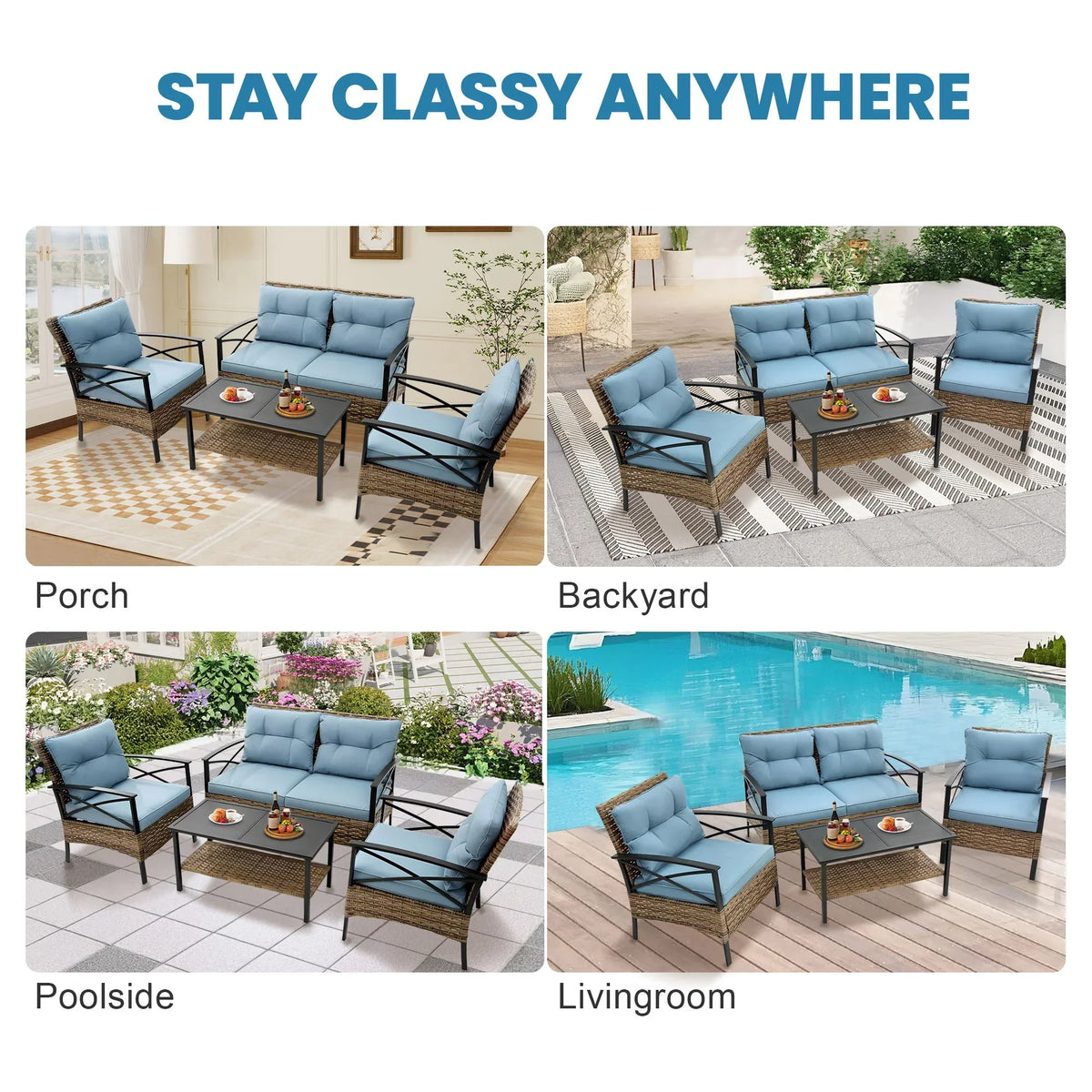 2026 NewHeavy-duty Patio Furniture Set, 4 Piece Outdoor Sectional Conversation Sets, BrownPE Rattan Patio Sofa Set with Blue Cushions