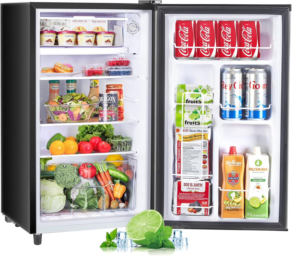 2026 NewMini Fridge for Bedroom 3.2 Cu.Ft Small Refrigerator with Freezer for Dorm Office, Compact Single Door Adjustable Thermostat Low Noise,Black