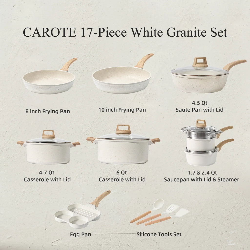 2026 NewCarote Nonstick Cookware Sets, 24 Pcs Granite Non Stick Pots and Pans Set, Induction Cookware, White