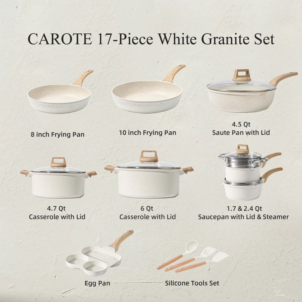 2026 NewCarote Nonstick Cookware Sets, 24 Pcs Granite Non Stick Pots and Pans Set, Induction Cookware, White