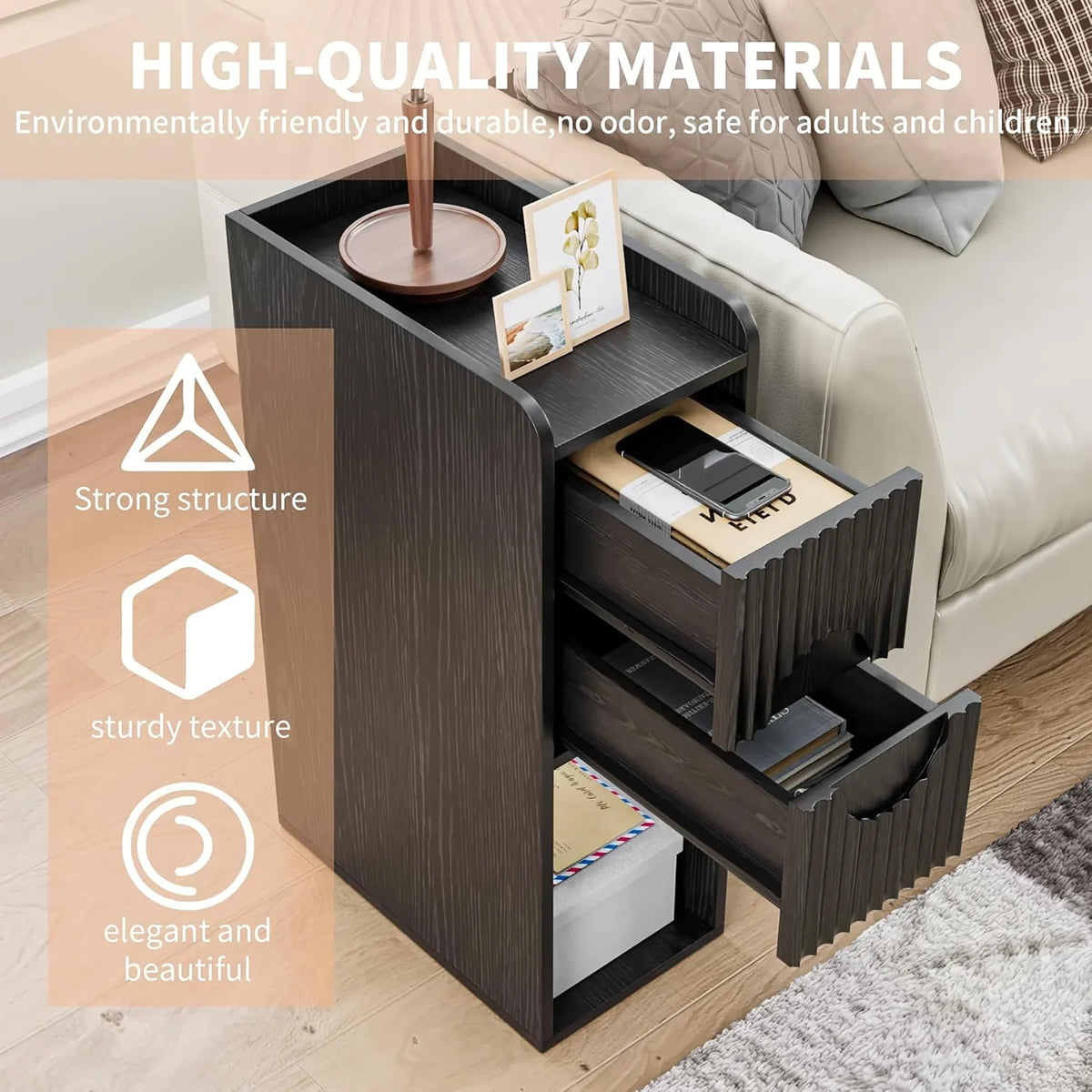 2026 NewNarrow Nightstand Set of 2 with Drawers, Fluted Slim Side End Table with Storage for Small Spaces