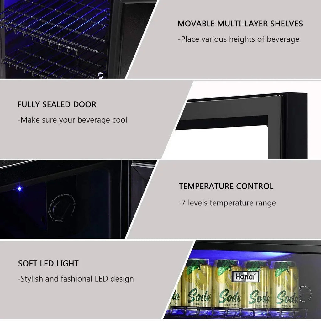 2026 NewWANAI Compact Beverage Refrigerator, 100 Can Capacity, Glass Door, Black Stainless Steel