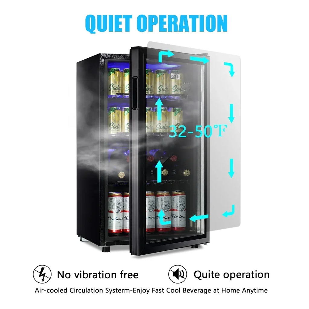 2026 NewWANAI Compact Beverage Refrigerator, 100 Can Capacity, Glass Door, Black Stainless Steel