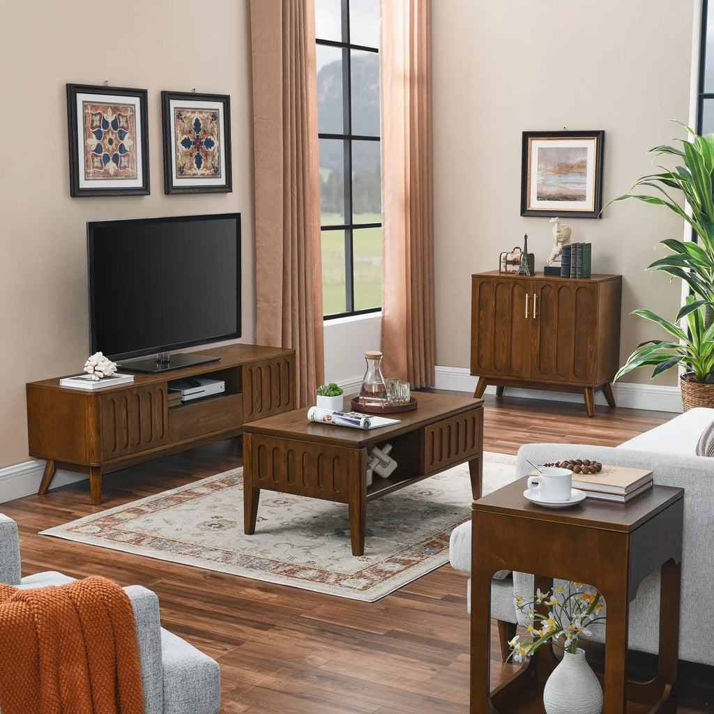 2026 NewNoble House Mid-Century Modern Fluted TV Stand for 65" TV, Entertainment Console with Storage, Solid Wood Legs, Walnut