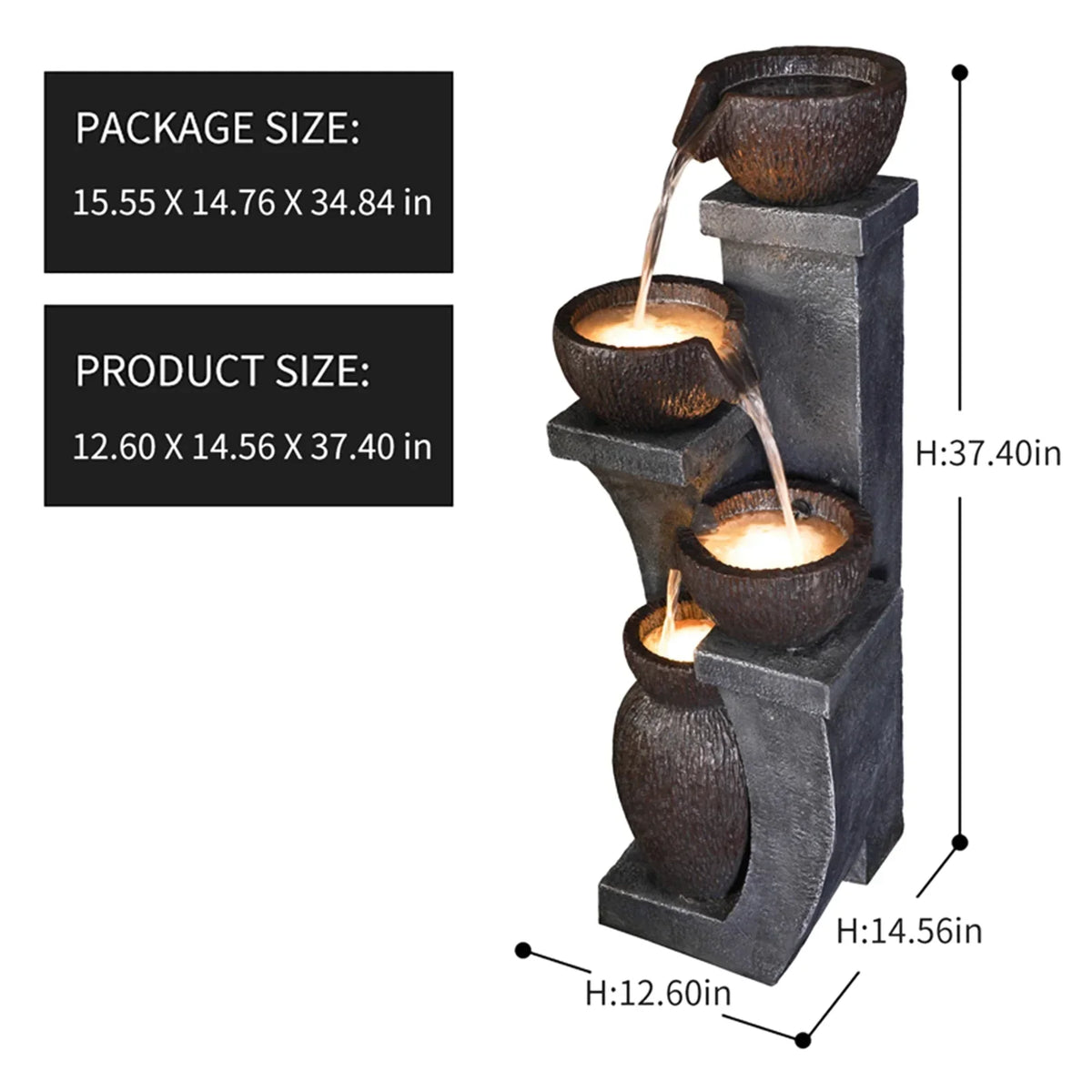 2026 New37.4" H Outdoor Water Fountain with 4 Crocks, Modern LED Lighted Garden Floor Fountain for Patios and Yards �C Durable Resin Water Feature with Cascading Waterfall Design for Indoor/Outdoor D"cor