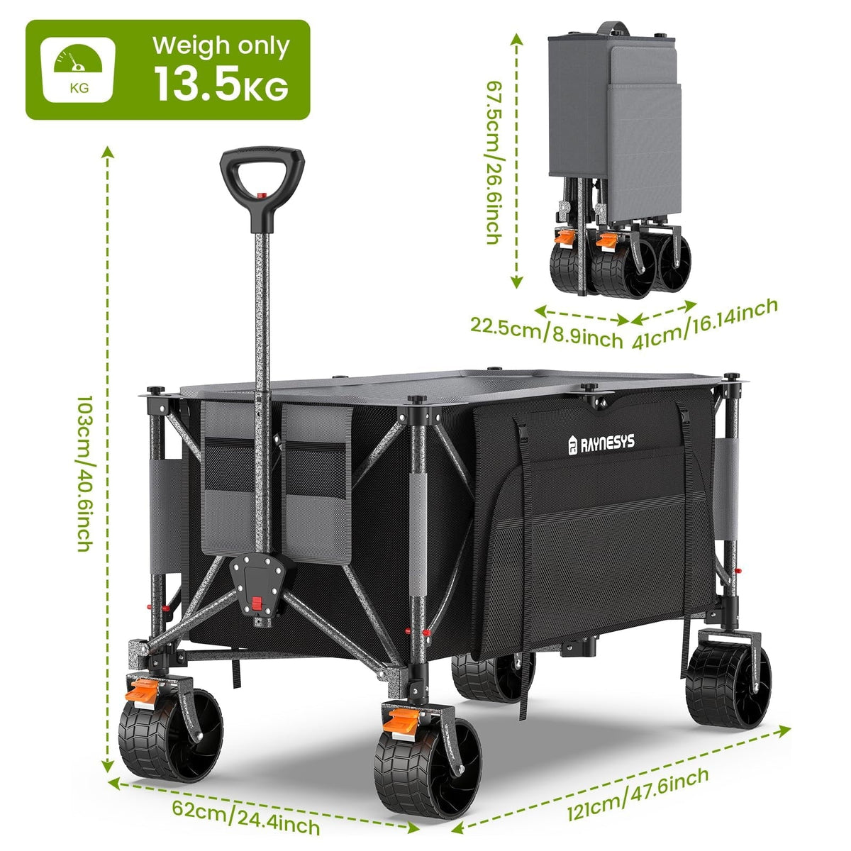 2026 NewRaynesys 300L Foldable Wagon Cart with Wheels, 440lbs Heavy Duty Beach Wagon for Sand Sports Camping Grocery, Black & Gray